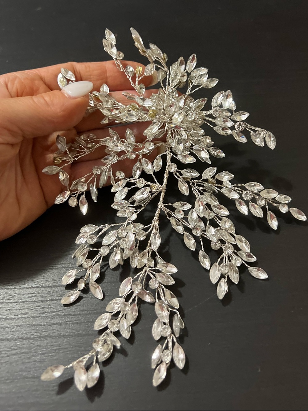 Crystal Silver Bridal Hair Vine - Sparkling Leaf Accent
